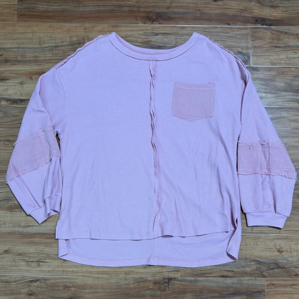 Waffle Knit Top Raw Edge Pocket Long Sleeve Pullover Comfy Casual Pink‎ L
